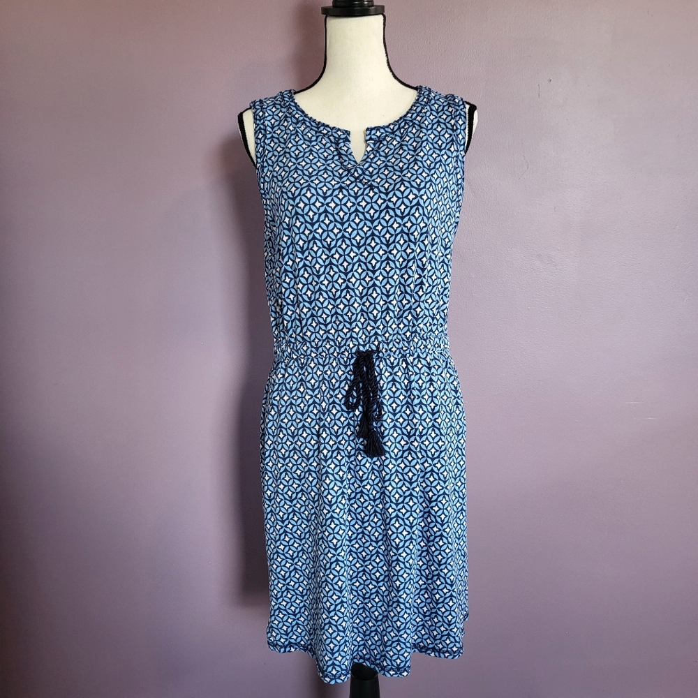 T by Talbots Blue Leaf Medallion Sleeveless Stretch Jersey Waist Tie Midi Dress